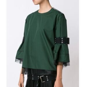 Sacai Forest Green Ctton Poplin Belted Sleeve Black Organza Trim Top 4 XL